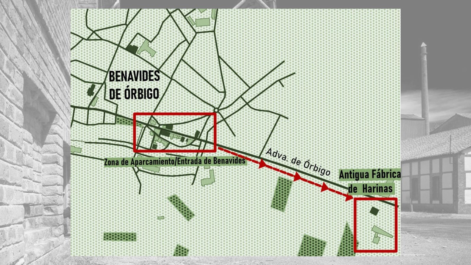 El mapa de la harinera de Benavides de Órbigo en la que se llevará a cabo la performance 'Fábrica de noche'.
