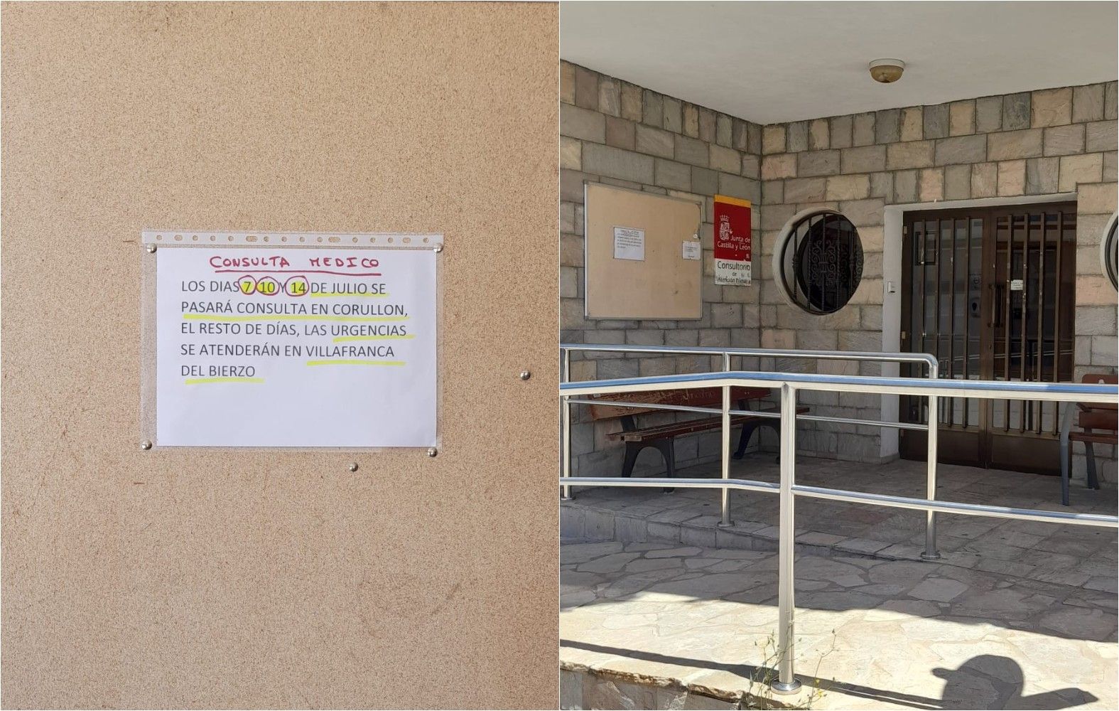 Cartel en la entrada del consultorio médico de Corullón.