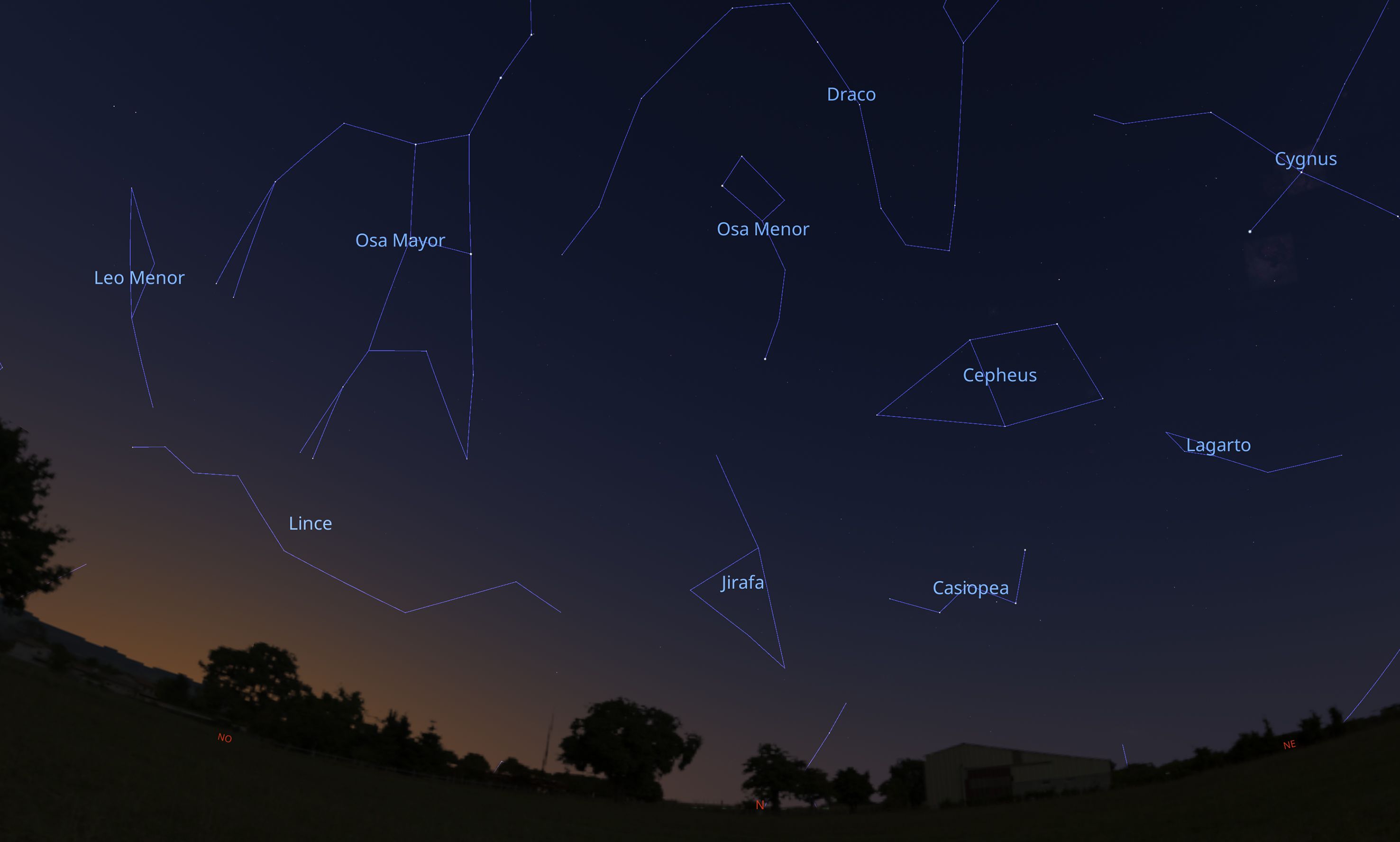 Aspecto del cielo visto desde León, hacia las once de esta noche, mirando al norte. | STELLARIUM Aspecto del cielo visto desde León, hacia las once de esta noche, mirando al norte. | STELLARIUM