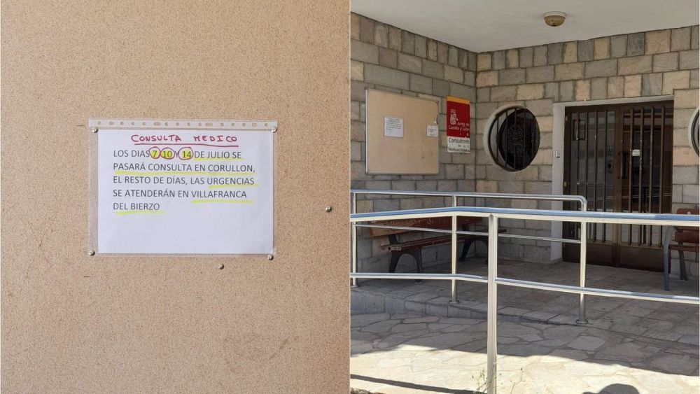 Cartel en la entrada del consultorio médico de Corullón.