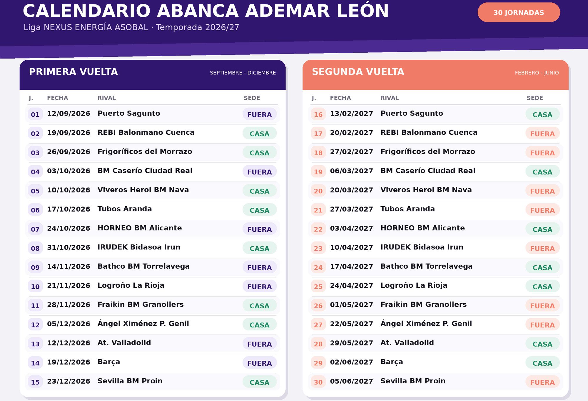 calendario ademar asobal 2026 27