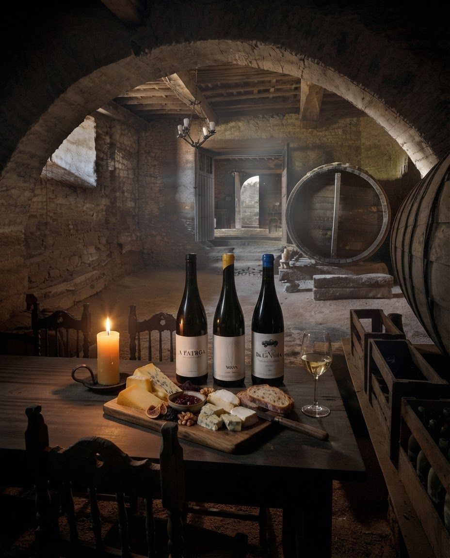 Los tres vinos en una bodega de Villar.