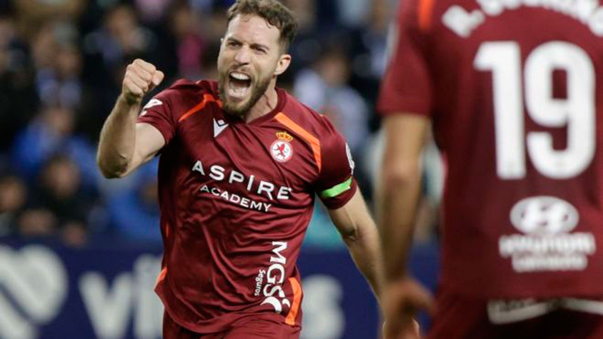 Calero celebra un gol con la Cultural ante el Málaga. LALIGA