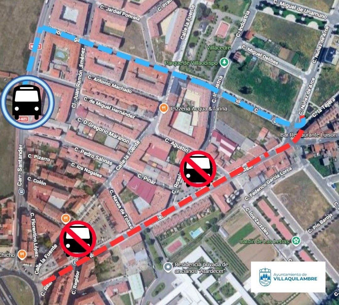 Plano informativo con los cambios de las paradas de autobús en Villaobispo por las obras de la calle Real. | AYTO. DE VILLAQUILAMBRE Plano informativo con los cambios de las paradas de autobús en Villaobispo por las obras de la calle Real. | AYTO. DE VILLAQUILAMBRE