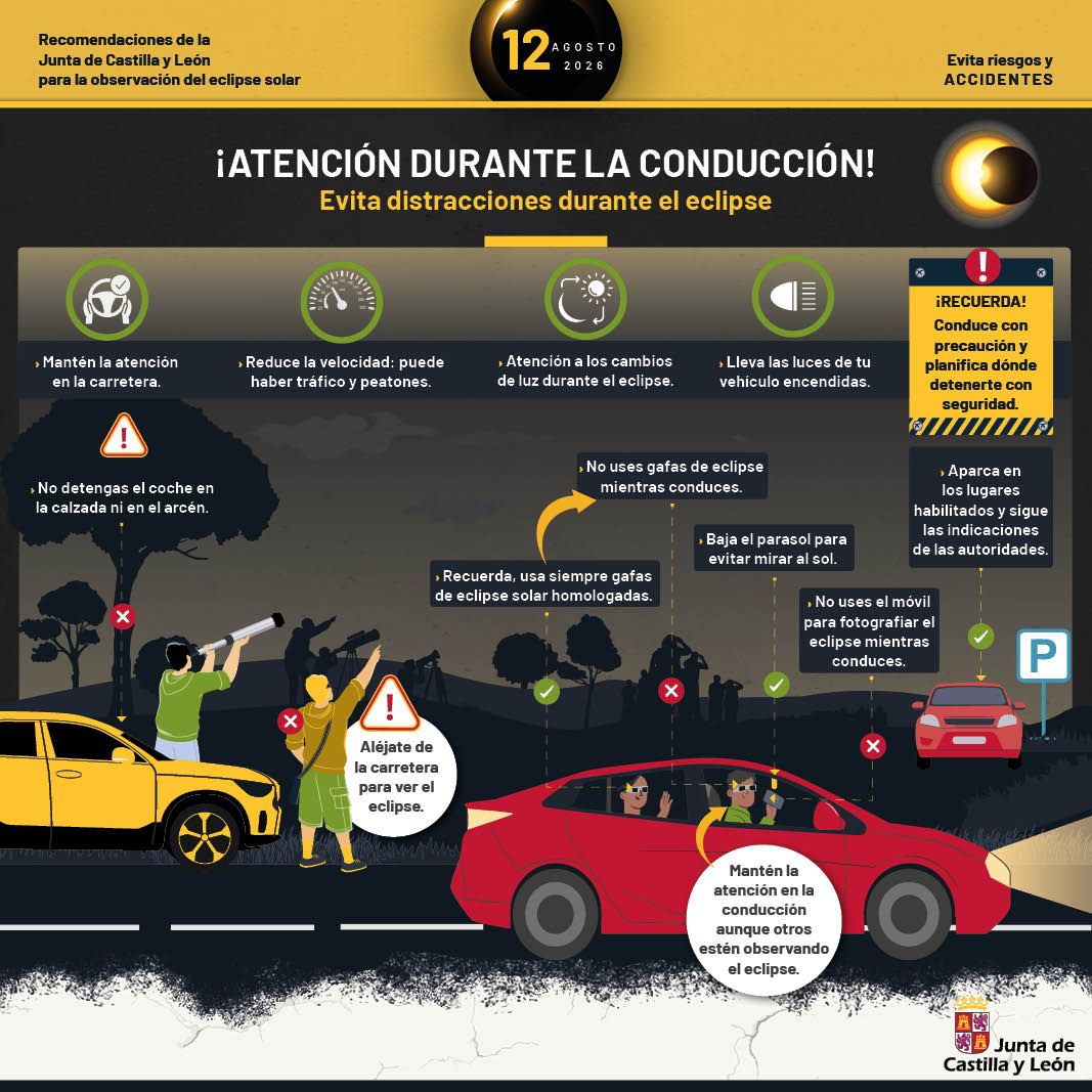 Infografía sore la atención durante la conducción en el momento del eclipse. | JUNTA DE CASTILLA Y LEÓN Infografía sore la atención durante la conducción en el momento del eclipse. | JUNTA DE CASTILLA Y LEÓN