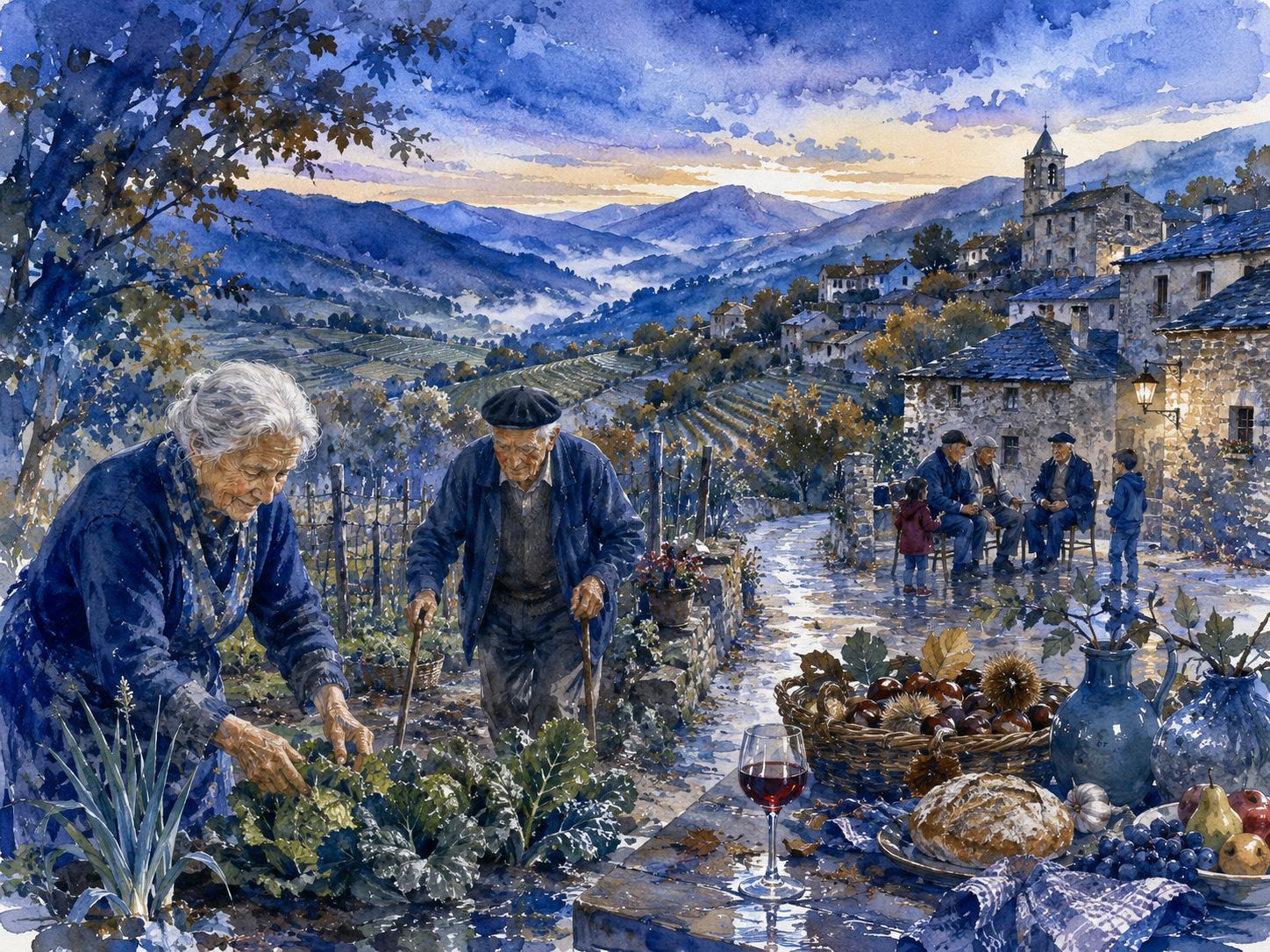 Una acuarela en azules que evoca la esencia de El Bierzo y su significado para la longevidad.