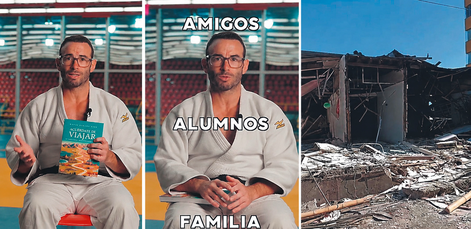 David Flecha, Flechina, en dos imágenes del vídeo que ha compartido en instagram y en el centro otra de la devastación que ha producido el terremoto. | L.N.C.