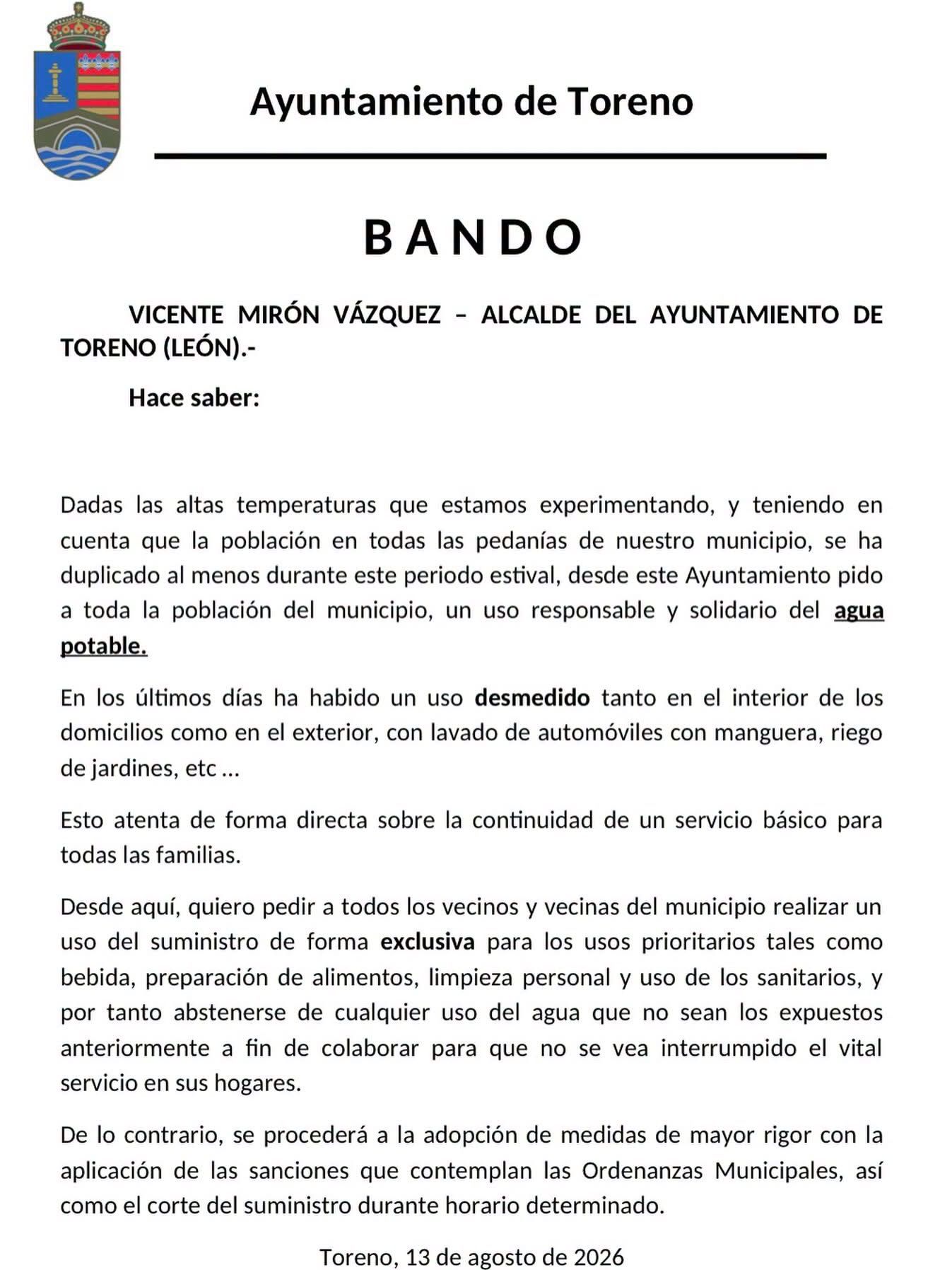 Bando difundido por el Ayuntamiento de Toreno. Bando difundido por el Ayuntamiento de Toreno.