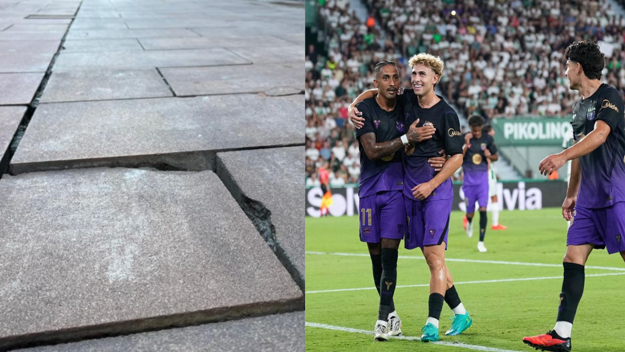 A la izquierda, estado de las baldosas en el entorno de Ordoño II y Alfonso V hace unas semanas y, a la derecha, imagen del partido del Barcelona de este domingo. | L.N.C. / EUROPA PRESS