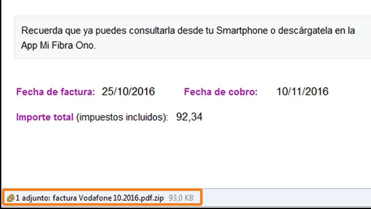 Imagen de la factura fraudulenta que suplanta a Vodafone ONO