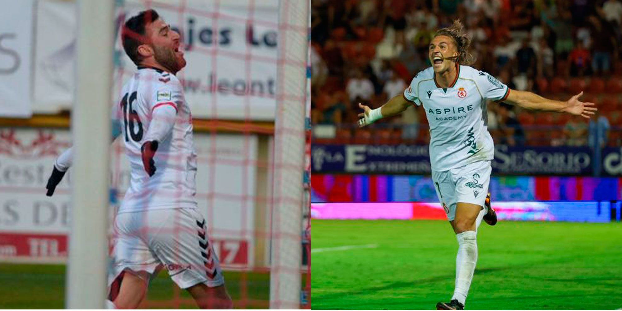 A la izquierda, Benja celebrando un gol en el Reino; a la derecha, Pedro Benito festejando el del triunfo de la Cultural en Extremadura. | MAURICIO PEÑA / CYD