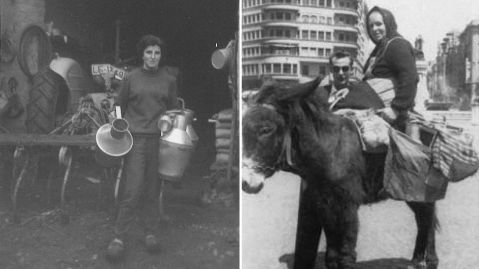 Dos imágenes de las encargadas de llevar la leche desde Sariegos. | L.N.C.