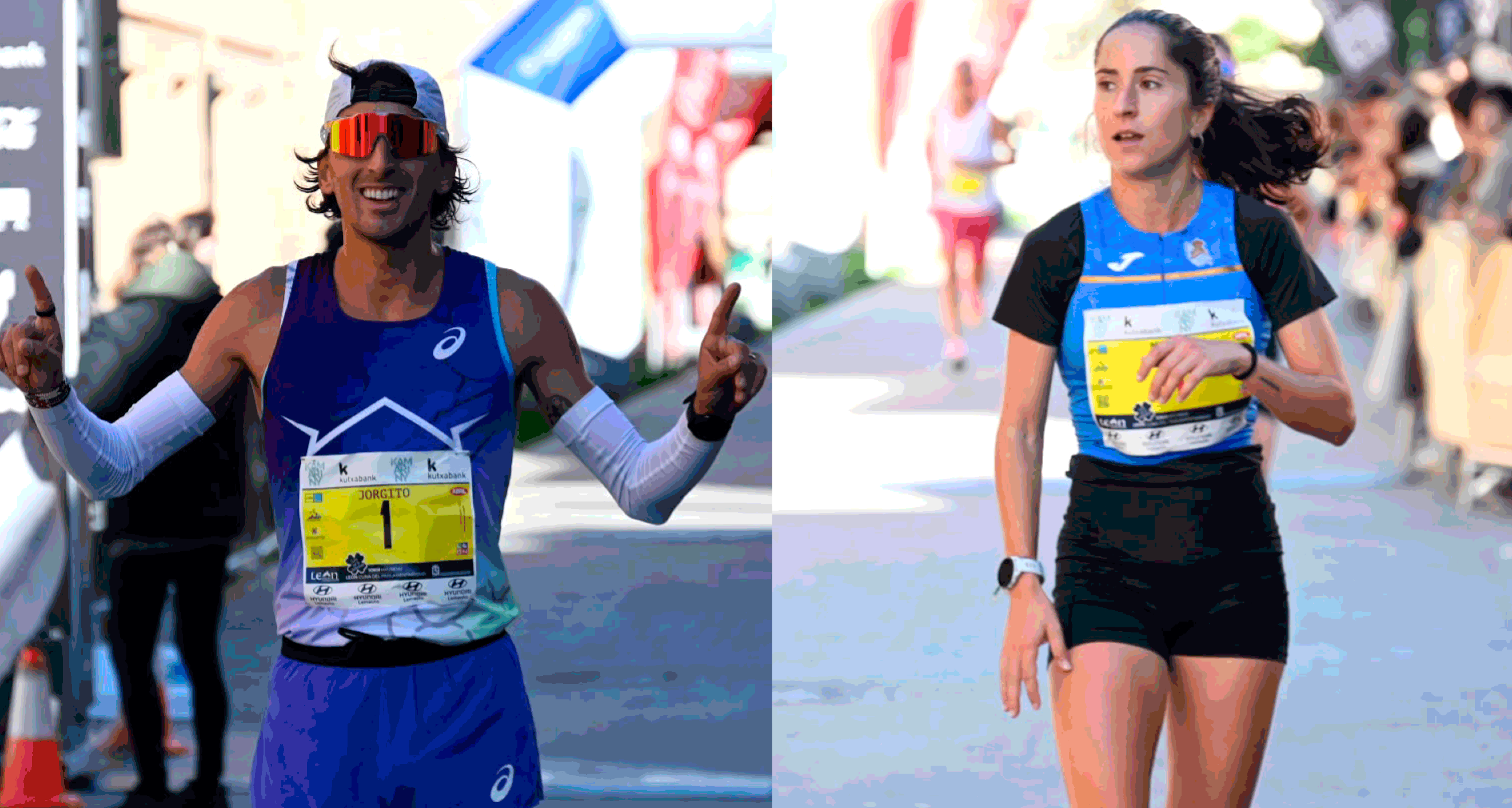 Jorge Blanco, a la izquierda, y Miren Martín, a la derecha, en los momentos de sus victorias en los 1o km de León. SAÚL ARÉN