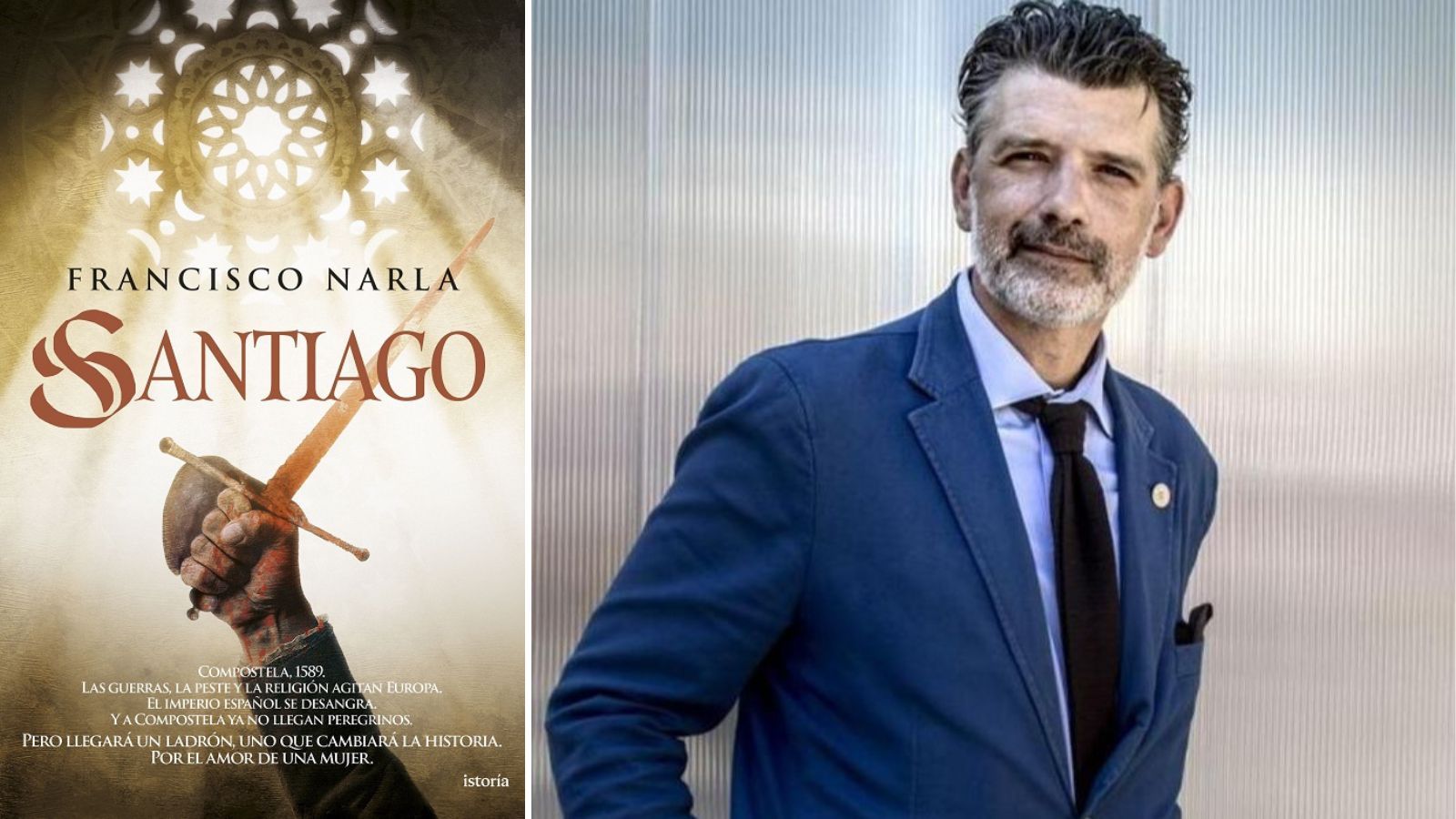 El escritor gallego Francisco Narla y la portada de su publicación.