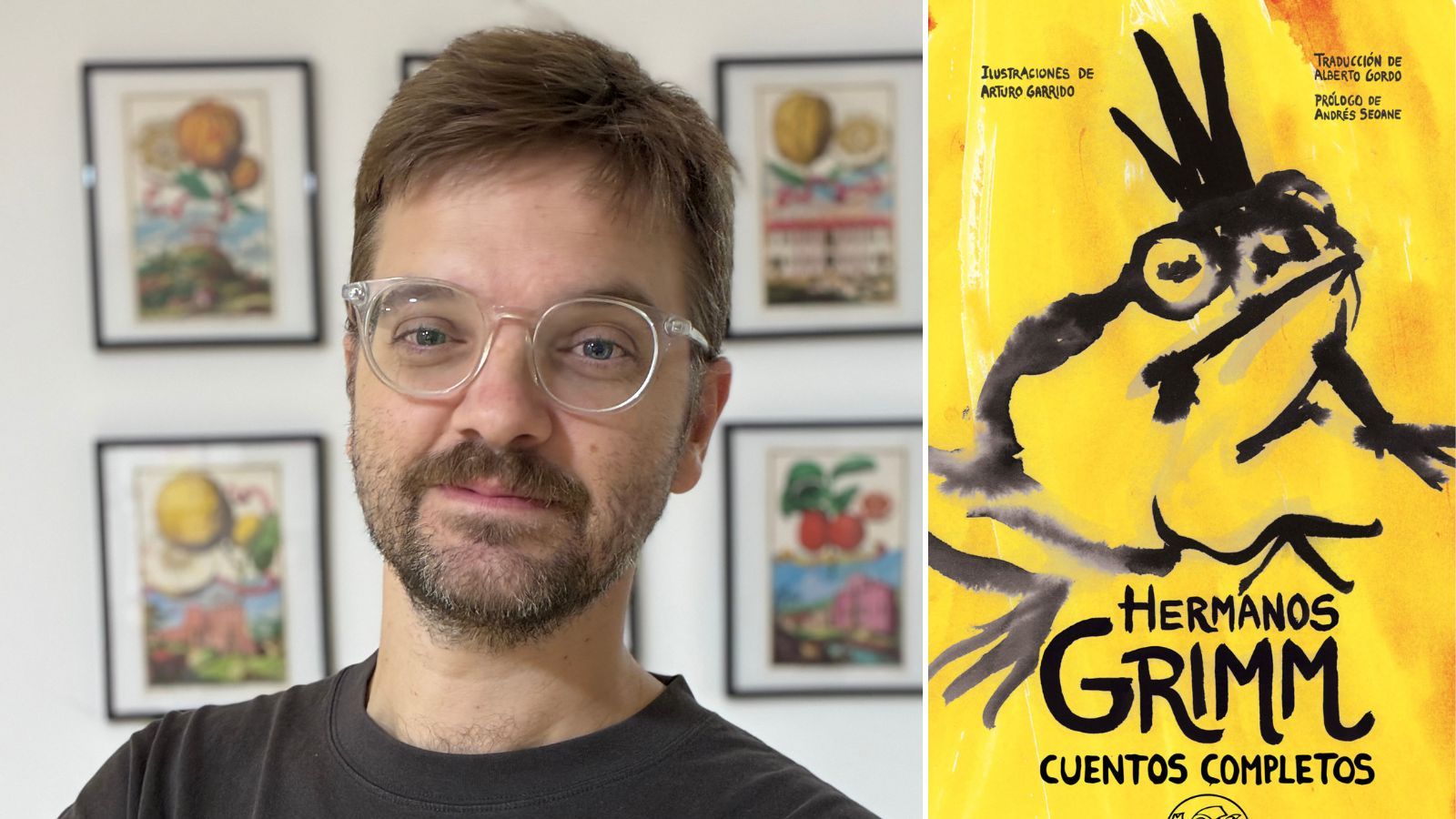 El traductor leonés Alberto Gordo y la portada de los cuentos completos de los hermanos Grimm publicados por Páginas de Espuma. | L.N.C.