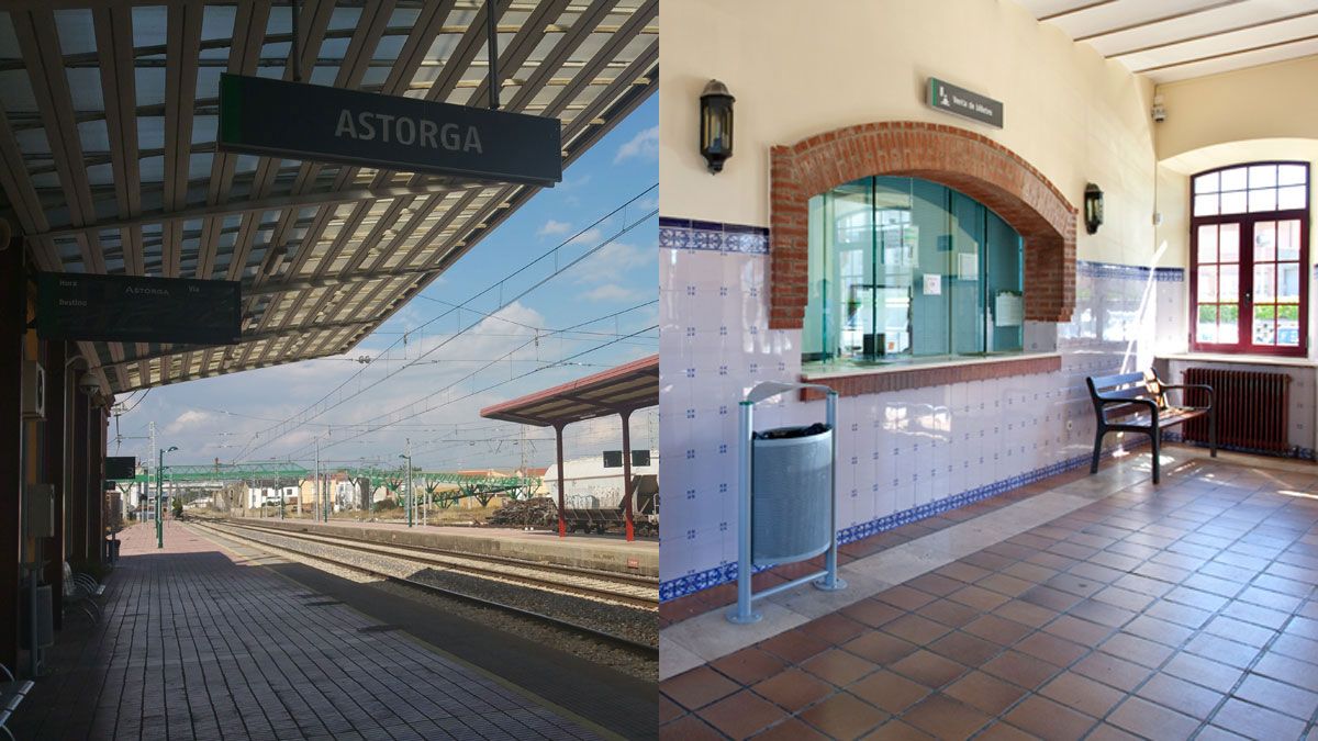 Imagen de los andenes de la estación de Astorga y de la ventanilla de venta de billetes en la estación de Sahagún.