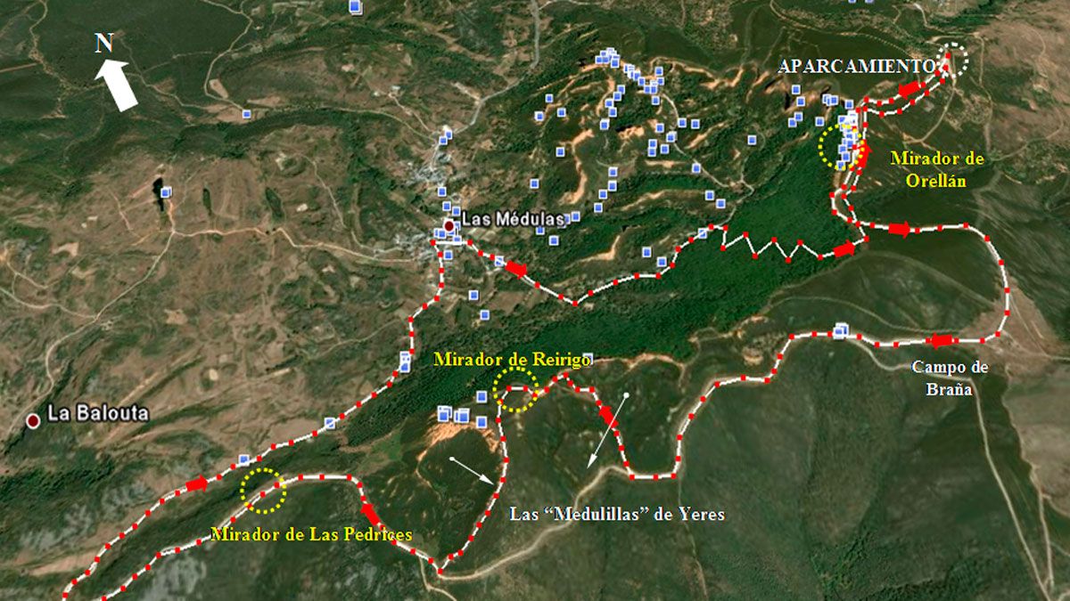 Ubicación de la ruta de senderismo ‘Caminando por Las Médulas, por los Miradores y las Medulillas de Yeres’, en Google Earth. Ubicación de la ruta de senderismo ‘Caminando por Las Médulas, por los Miradores y las Medulillas de Yeres’, en Google Earth.