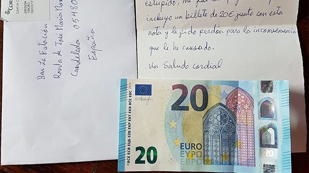 La carta y el billete que envió el hombre que se olvidó de pagar en el bar. | ICAL