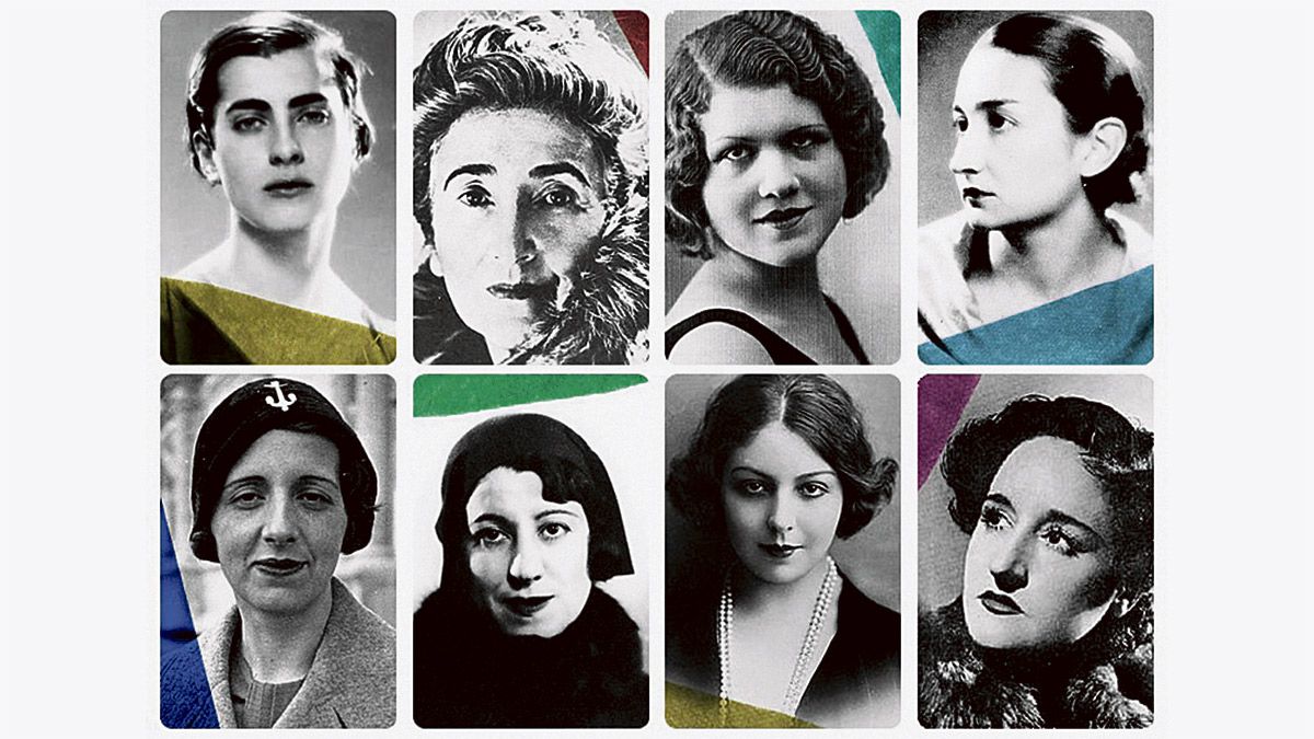 Marga Gil Roësset, Rosa Chacel, Josefina de la Torre, Ernestina de Champourcín (arriba) Mª Zambrano, Concha Méndez, Mª Teresa León y M. Mallo… Las sin sombrero (abajo).