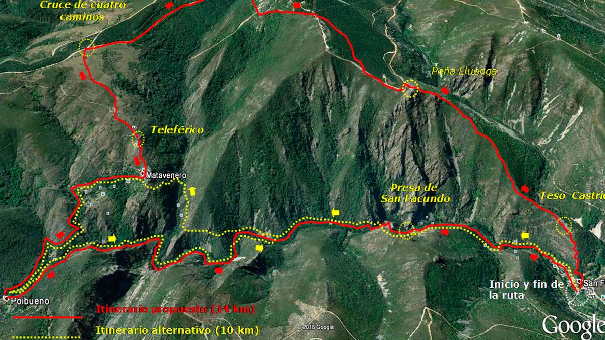 Ubicación de la ruta de senderismo ‘De San Facundo a Matavenero y Poibueno’, en Google Earth. Ubicación de la ruta de senderismo ‘De San Facundo a Matavenero y Poibueno’, en Google Earth.