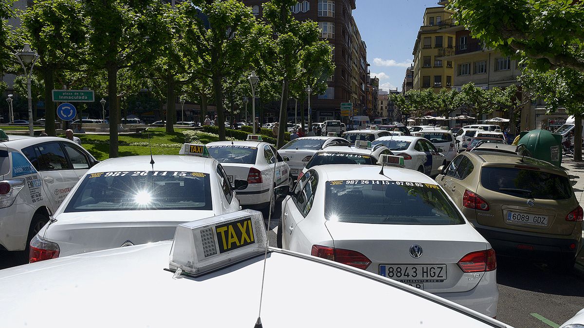 Decenas de taxis se han concentrado este martes en la plaza de la Inmaculada de León. | MAURICIO PEÑA