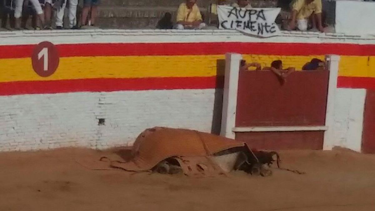 El caballo que sufrió el incidente, tapado durante el resto de la corrida.