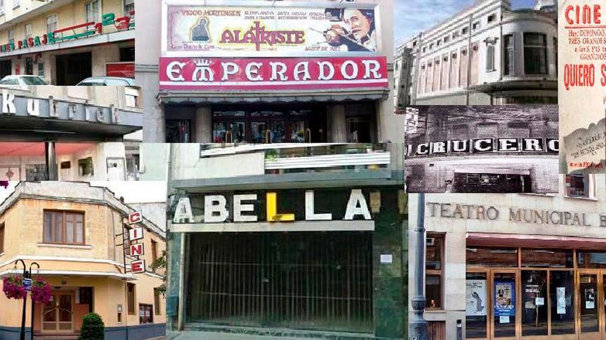 Montaje con históricas salas de cine que, en su mayoría, ya no existen como tales. En la otra página, escenas de grandes películas del mejor cine español. Montaje con históricas salas de cine que, en su mayoría, ya no existen como tales. En la otra página, escenas de grandes películas del mejor cine español.