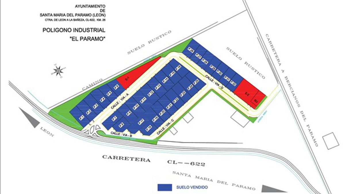 En azul, todas las parcelas del polígono industrial que se han vendido.