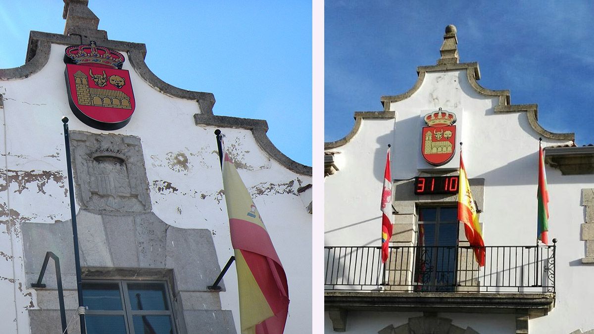 Imágenes de la fachada del Ayuntamiento de Villamanín, antes y ahora. | E. NIÑO