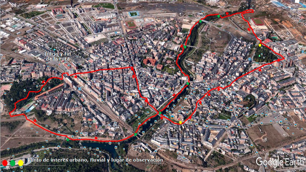 Ubicación de la ruta de senderismo ‘Un paseo por Ponferrada, la ciudad del dólar’, en Google Earth.