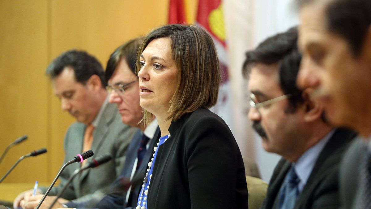 (I a D) Juan Carlos de Cea (Tajo), Juan Ignacio Diego Ruiz (Duero), la consejera de Agricultura y Ganadería Milagros Marcos, Raimundo Lafuente (Ebro) y Francisco Marín (Miño-Sil). | ICAL