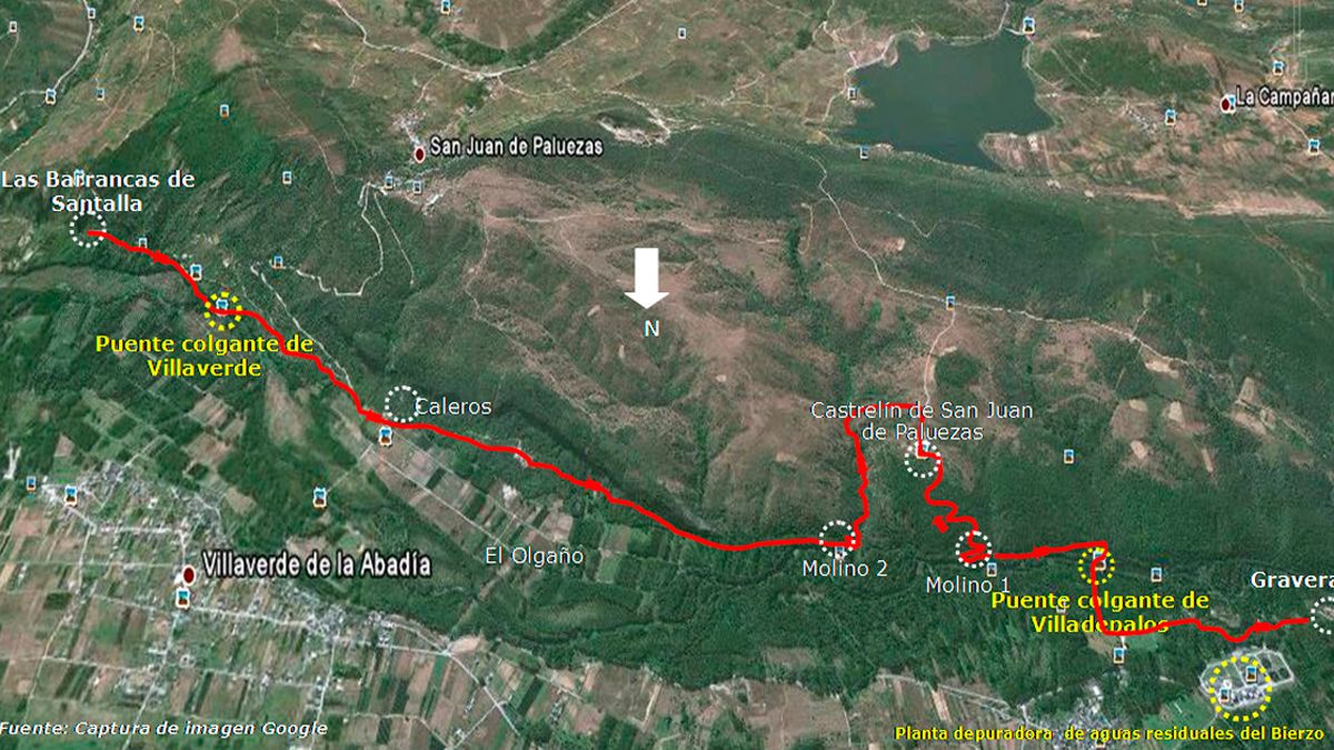 Ubicación de la ruta de senderismo ‘Un paseo por las riberas del río Sil y las Barrancas de Santalla’, en Google Earth.
