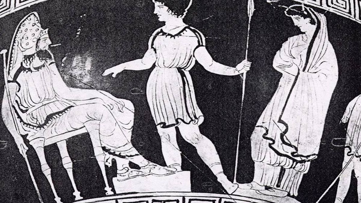 Detalle de una cerámica clásica sobre el mito de Antígona, recogido por Sófocles en una de sus tragedias.