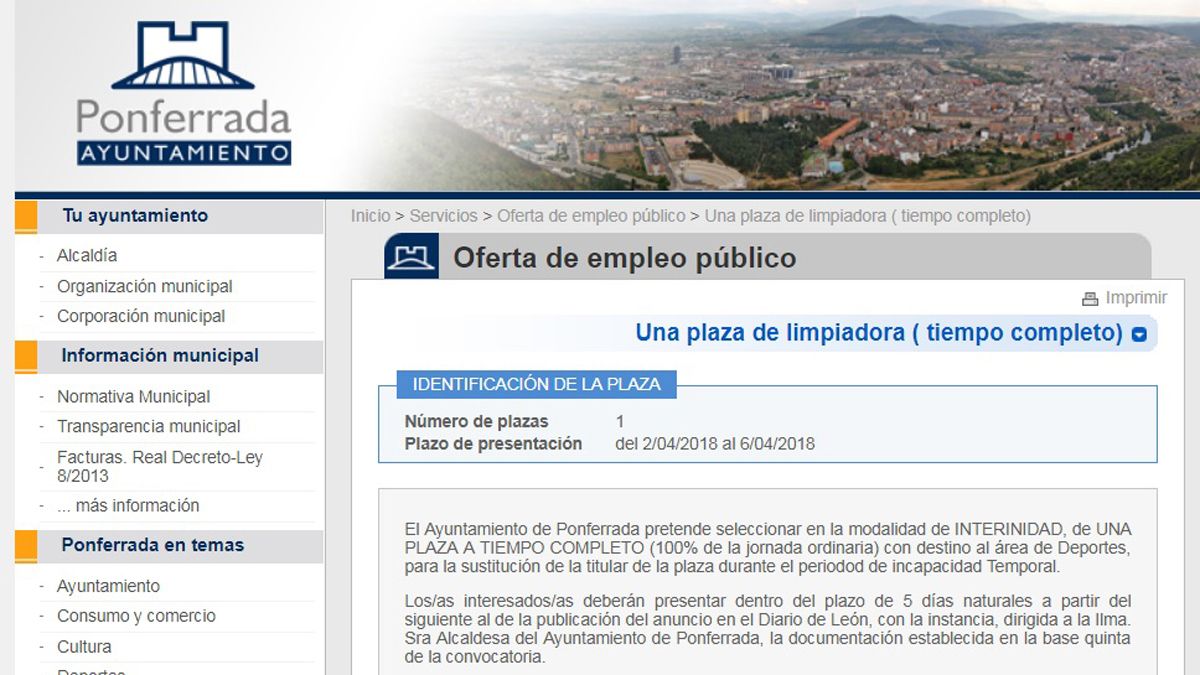 Captura de pantalla del anuncio de la plaza en la web del Ayuntamiento de Ponferrada.