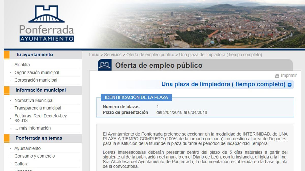Captura de pantalla del anuncio de la plaza en la web del Ayuntamiento de Ponferrada.