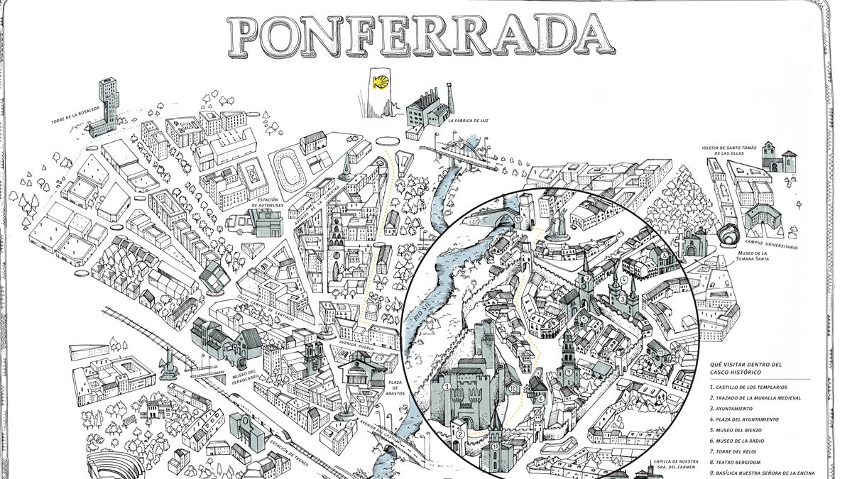 El dibujo recoge el plano del núcleo urbano de Ponferrada con el casco antiguo resaltado. | D.M.