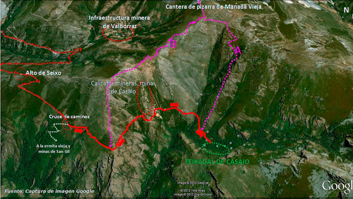 Ubicación de la ruta de senderismo ‘La catedral botánica delTeixadal de Casaio’, en Google Earth.