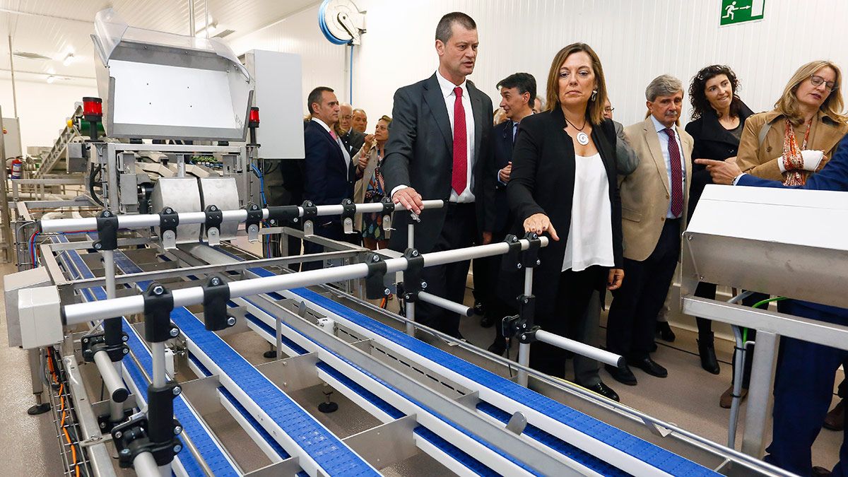 La consejera de Agricultura y Ganadería y portavoz de la Junta de Castilla y León, Milagros Marcos, inaugura la nueva planta de incubación de Iberavi en Alija del Infantado, y el director de Producción del Grupo Oblanca, Roberto Herrera. | ICAL