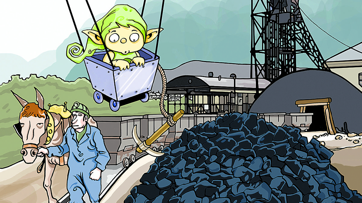 Ilustración de Lolo, con Xardón visitando una mina de carbón.