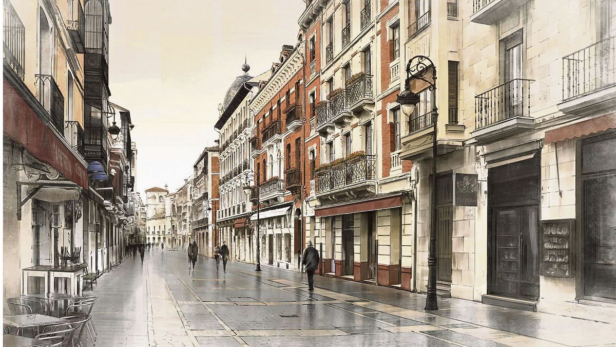 Detalle de la digigrafía de la Calle Ancha realizada por Javier Sahagún que se expone actualmente en el Camarote Madrid.
