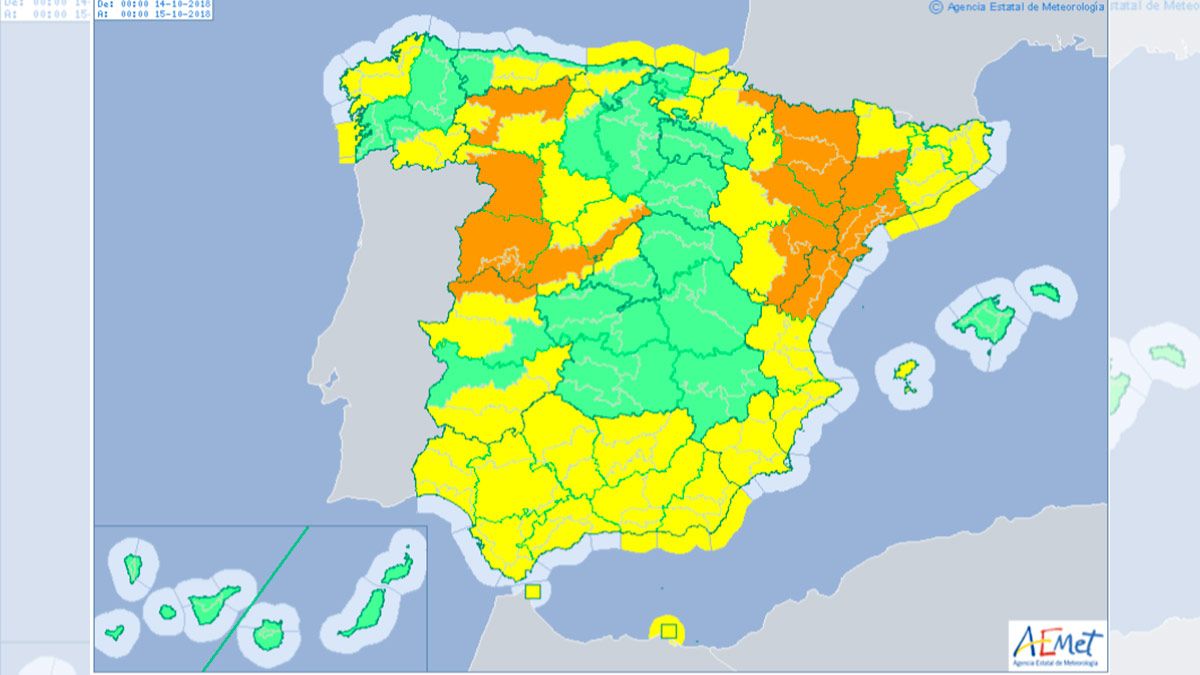 Mapa de alertas para este domingo, con buena parte de la provincia de León en naranja. | AEMET