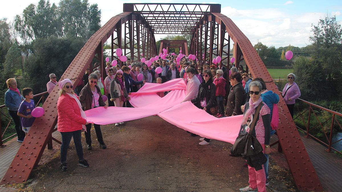 La marcha escenificó la representación de un gran lazo rosa en el Puente de Requejo. | ABAJO