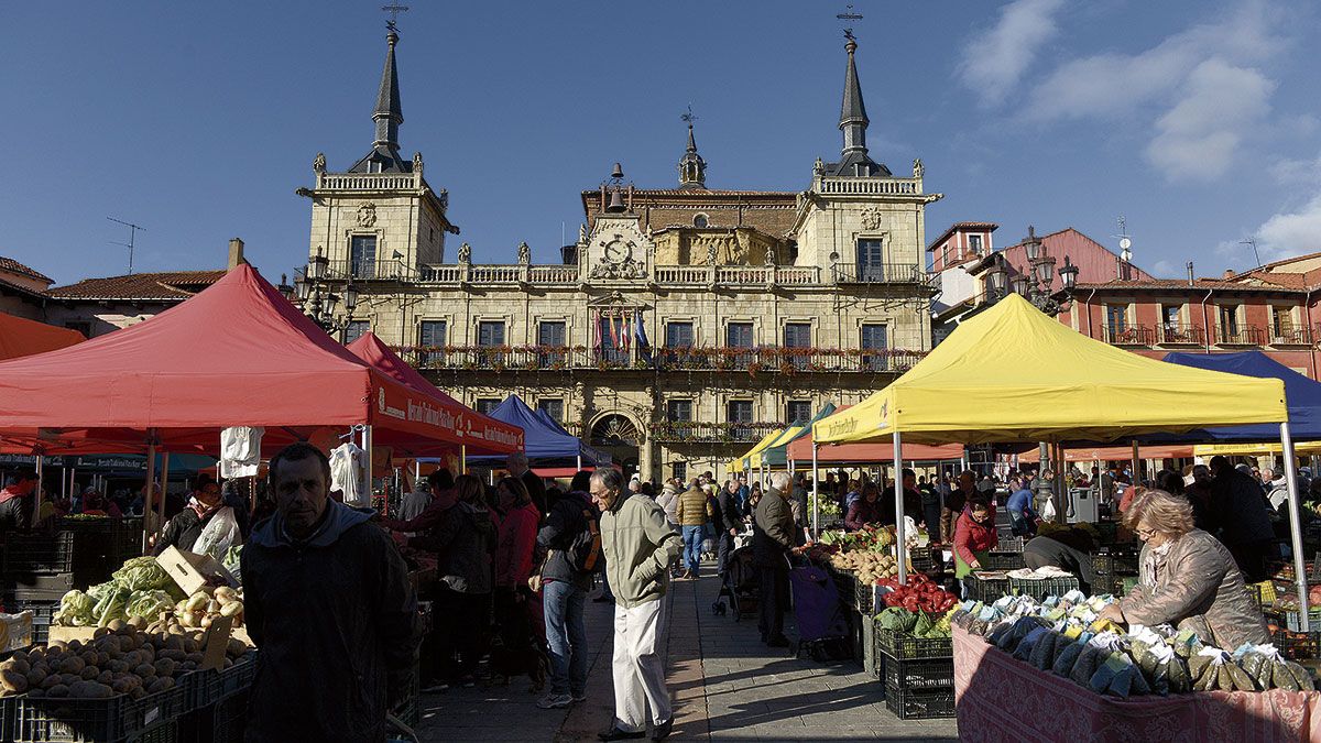 Aspecto del mercado en la mañana de este sábado, como la de tantos miércoles y sábados que los puestos toman la Plaza Mayor de la capital. | MAURICIO PEÑA Aspecto del mercado en la mañana de este sábado, como la de tantos miércoles y sábados que los puestos toman la Plaza Mayor de la capital. | MAURICIO PEÑA
