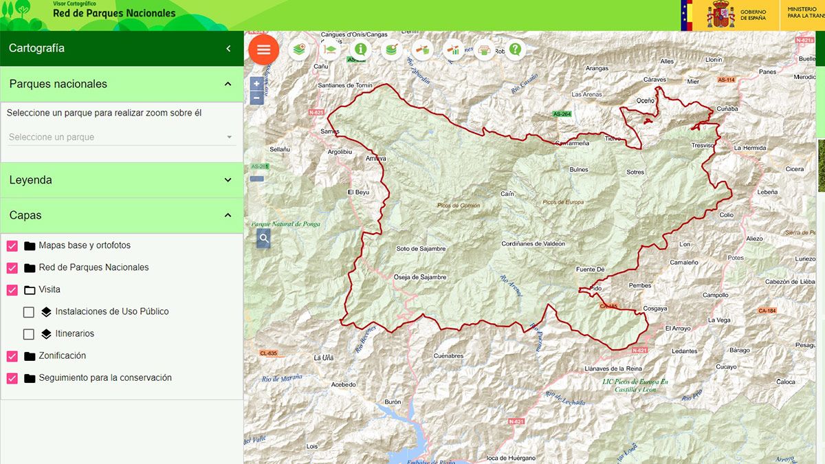 Imagen del nuevo visor cartográfico que ha puesto en marcha Parques Nacionales. | L.N.C.