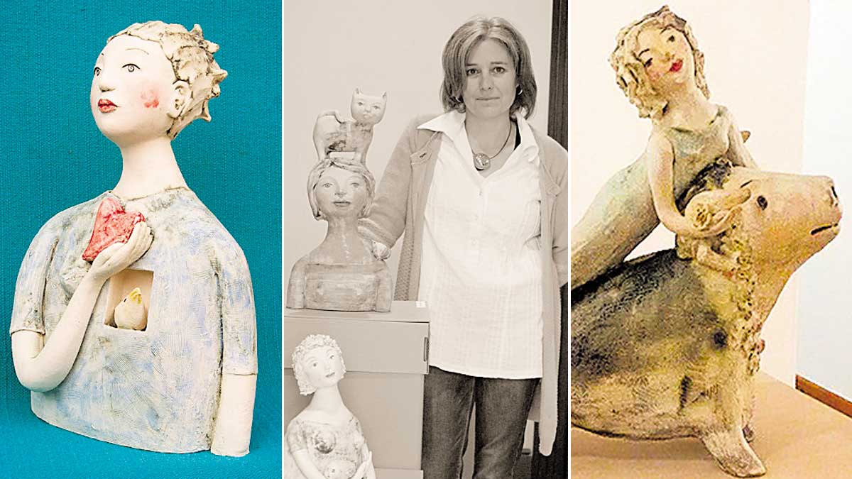 La artista en la Casa Panero flanqueada por imágenes de dos de sus obras. | L.N.C.
