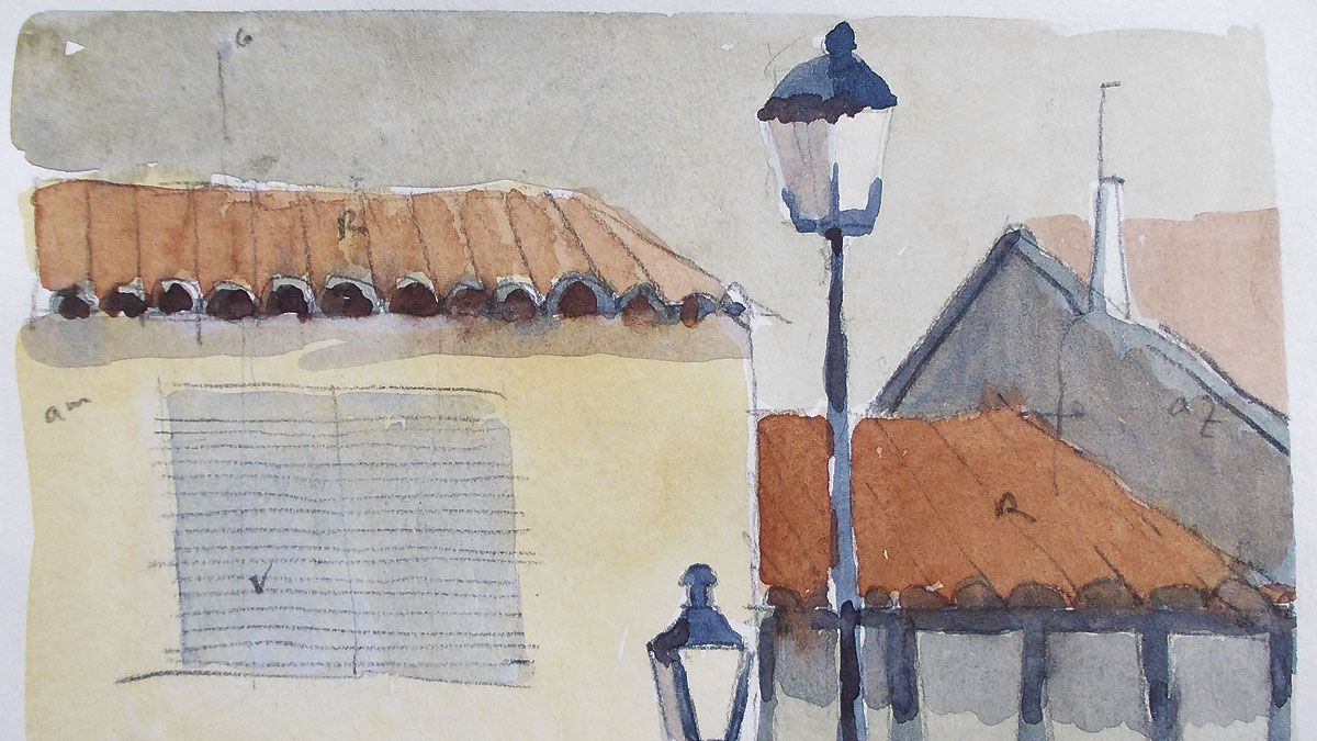 ‘Farolas’, acuarela de la artista Almudena Falagán que puede verse en la galería de arte Ángel Cantero. ‘Farolas’, acuarela de la artista Almudena Falagán que puede verse en la galería de arte Ángel Cantero.
