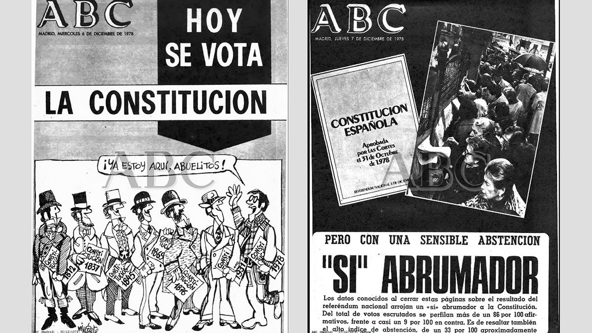 Portadas del diario ABC los días 6 y 7 de diciembre de 1978, con la Constitución Española como protagonista. | ABC