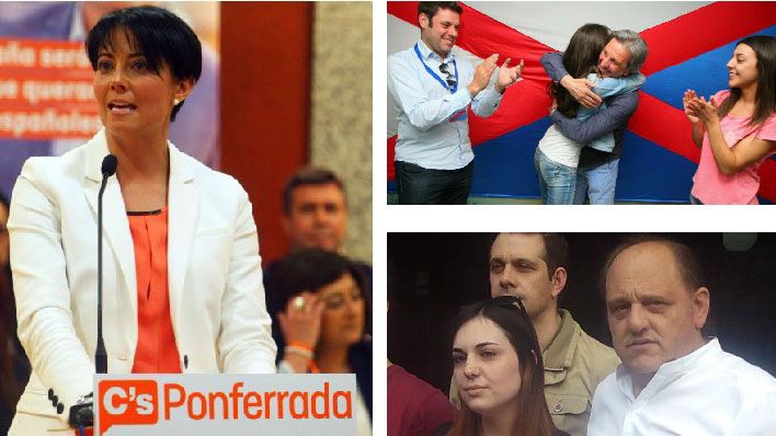 Rosa Luna, izquierda, logra dos concejales para Ciudadanos. Derecha arriba: Pedro Muñoz e Iván Alonso, de Coalición, y abajo, Rebeca Nieto y Miguel Ángel Fernández, de Ponferrada en Común. | C. S. (Ical)