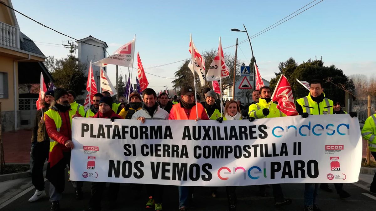 Marcha de la segunda jornada de huelga de los trabajadores auxiliares de Compostilla. | M.I.