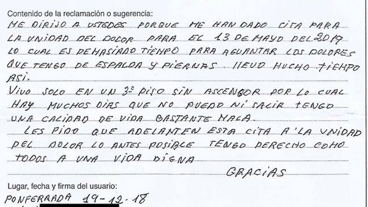Parte del escrito de queja formulado por el paciente afectado.